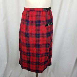Red Wool Tartan Scotch Plaid Pleated Buckle Wrap Kilt Skirt Womens S Vintage Mid